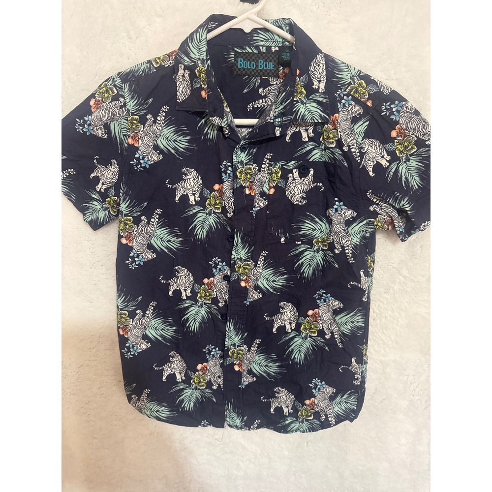 Bold Blue Kids Tropical Tiger Print Button Down Short Sleeve‎ Shirt